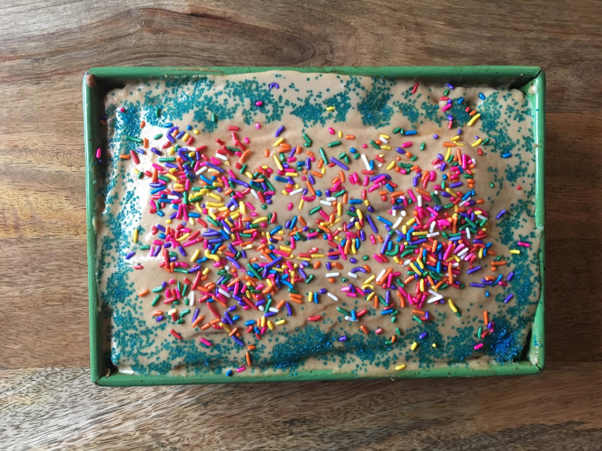 BAKE ME: Vanilla Birthday Cake with a Peanut Butter Glaze